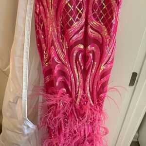 Jovani Vibrant Pink Feathered Dress